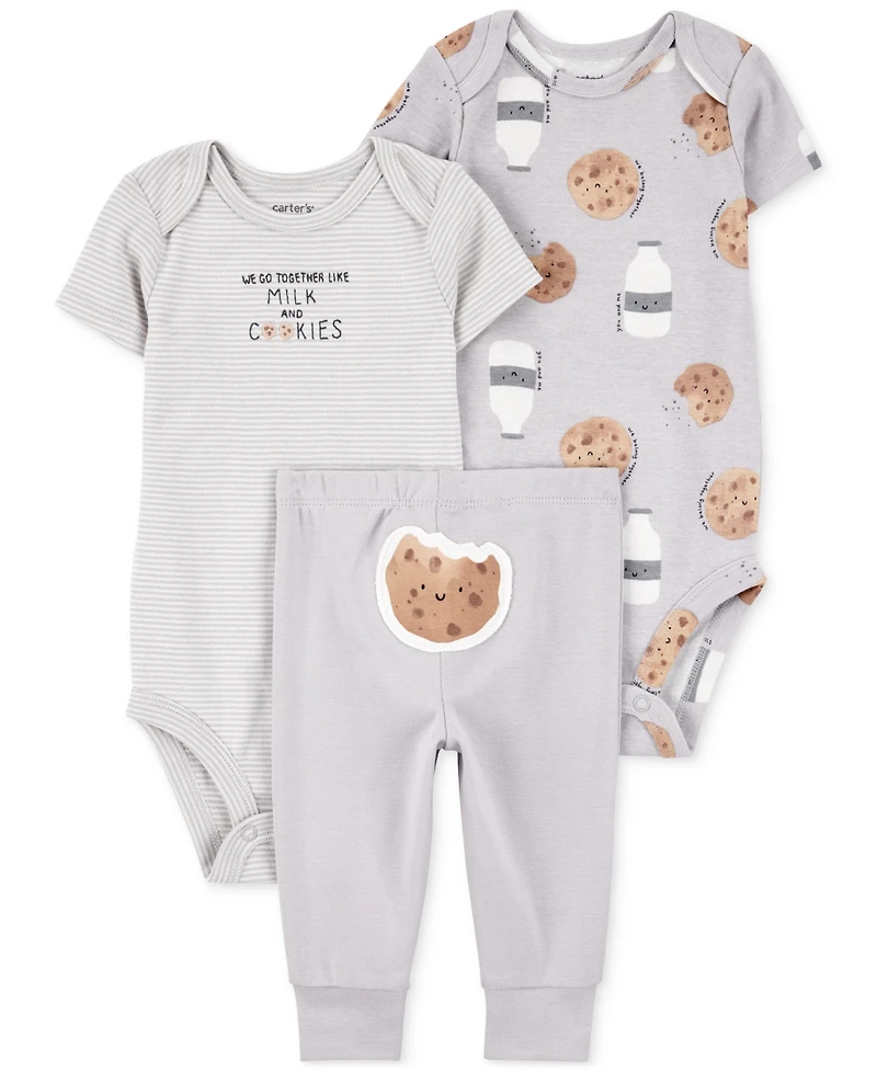 Carter's Baby Milk & Cookies Little Character Cotton Bodysuits Pants, 3 Piece Set