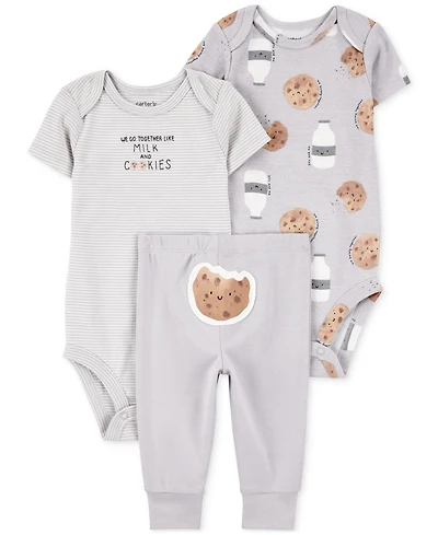 Carter's Baby Milk & Cookies Little Character Cotton Bodysuits Pants, 3 Piece Set
