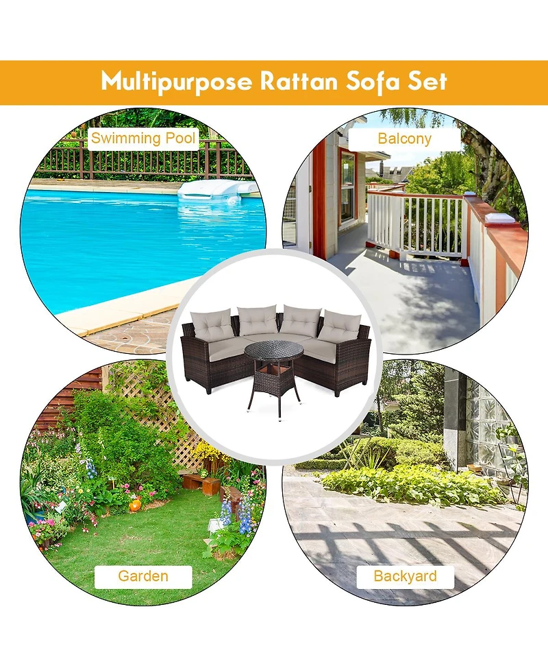 Gymax 4PCS Rattan Outdoor Patio Furniture Set Sectional Sofa Table w/ Cushions