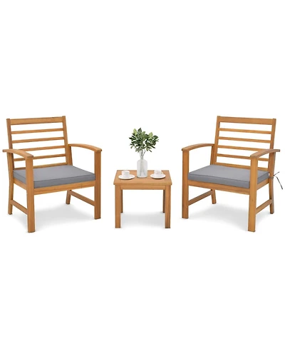 Gymax 3 Piece Outdoor Furniture Set Acacia Wood Conversation Set w/ Cushions