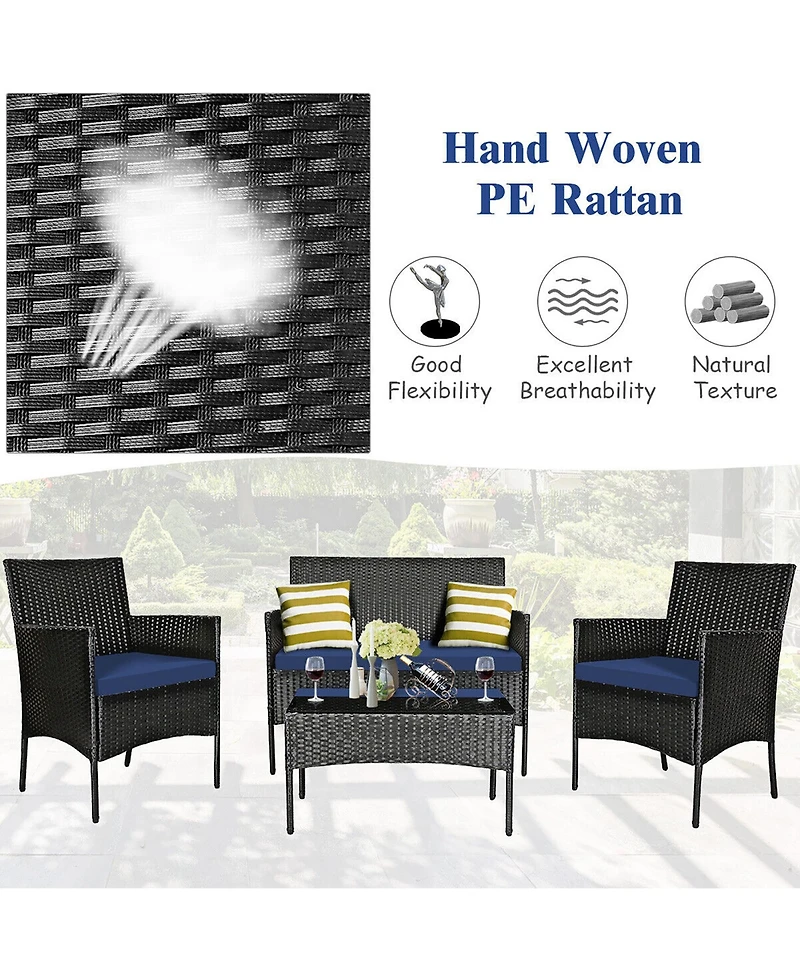 Gymax 4 Piece Patio Rattan Conversation Set Outdoor Furniture Set w/ Cushions