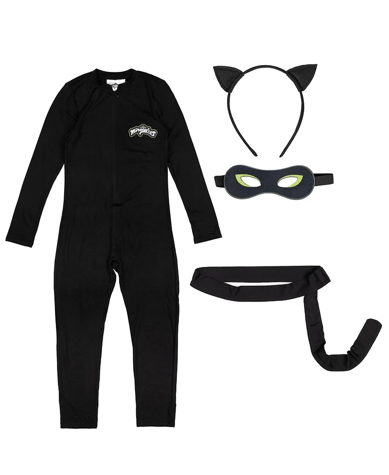 Miraculous Cat Noir Zip Up Cosplay Costume Coverall Tail Mask and Headband 4 Piece Set