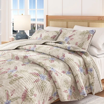 Linery & Co. Cotton Stitched Reversible Tropical Palm 3 Piece Quilt and Sham Set