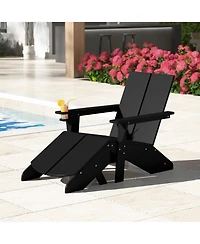 Outdoor Hdpe Modern Adirondack Chair with Folding Patio Ottoman and Cup Holder