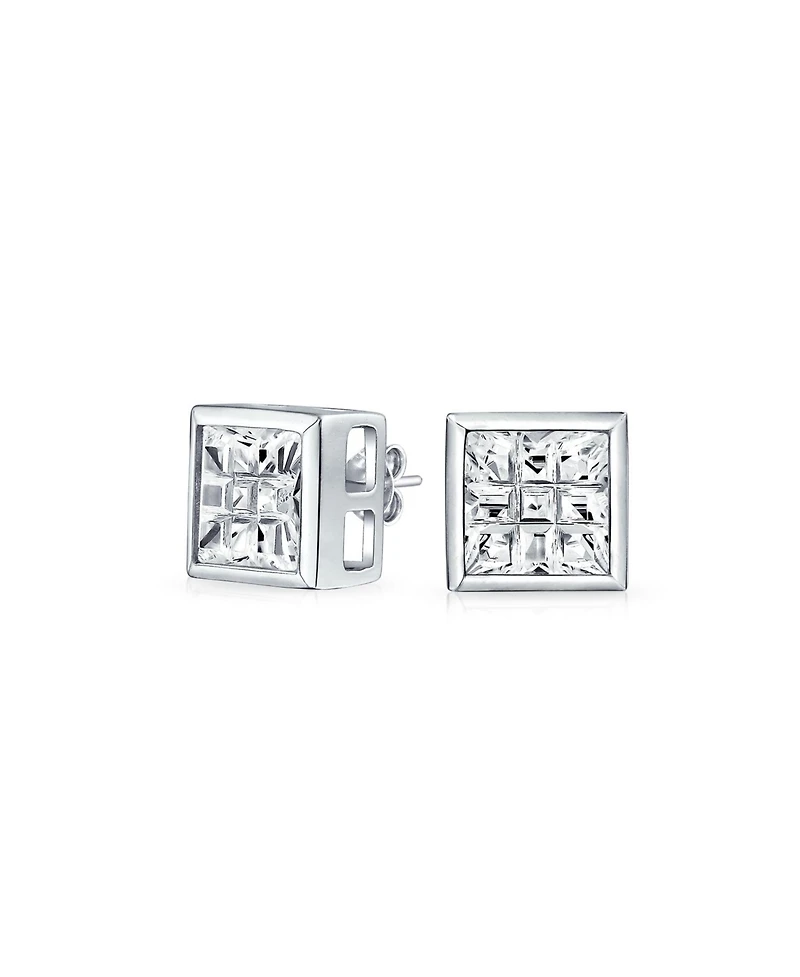 Bling Jewelry Geometric Round Square Cz Cubic Zirconia Bezel Set Checkboard Invisible Cut Stud Earrings .925 Sterling Silver