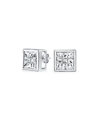 Bling Jewelry Geometric Round Square Cz Cubic Zirconia Bezel Set Checkboard Invisible Cut Stud Earrings .925 Sterling Silver