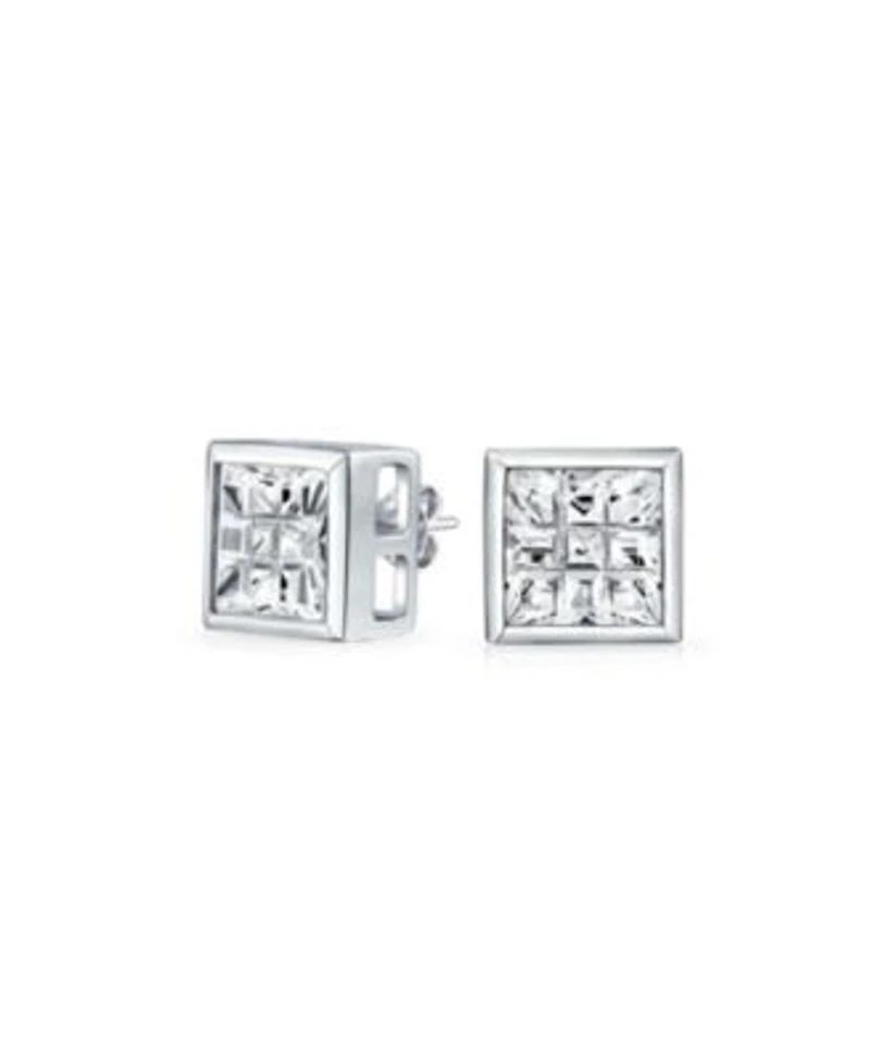 Bling Jewelry Geometric Round Square Cz Cubic Zirconia Bezel Set Checkboard Invisible Cut Stud Earrings .925 Sterling Silver