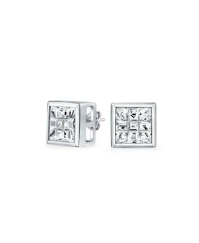 Bling Jewelry Geometric Round Square Cz Cubic Zirconia Bezel Set Checkboard Invisible Cut Stud Earrings .925 Sterling Silver