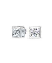Bling Jewelry Geometric Round Square Cz Cubic Zirconia Bezel Set Checkboard Invisible Cut Stud Earrings .925 Sterling Silver