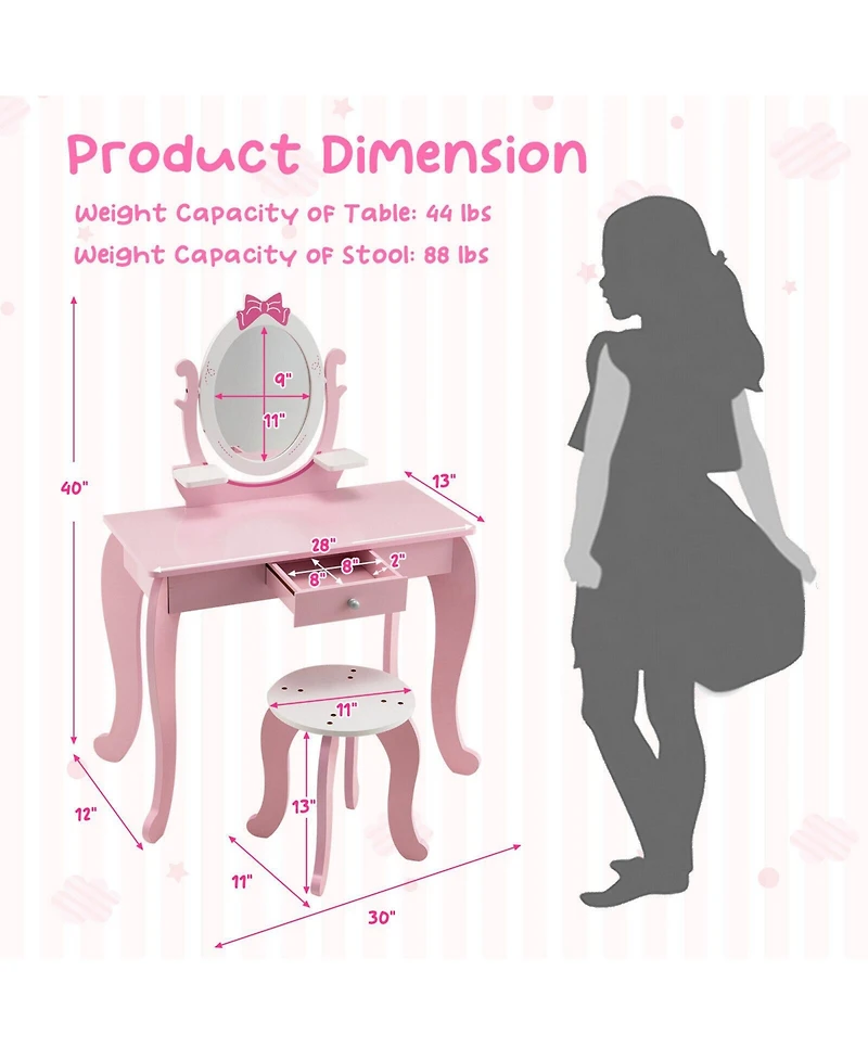Kid Vanity Table Stool Set with Oval Rotatable Mirror