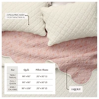 Linery & Co. Cotton Stitched Reversible Floral 3 Piece Scalloped Quilt and Sham Set