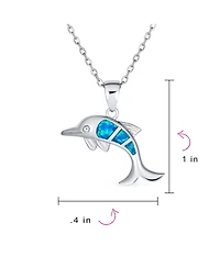 Bling Jewelry Created Blue Opal Inlay Nautical Ocean Marine Hawaiian Vacation Sea Life Dolphin Dangling Pendant Necklace .925 Sterling Silver