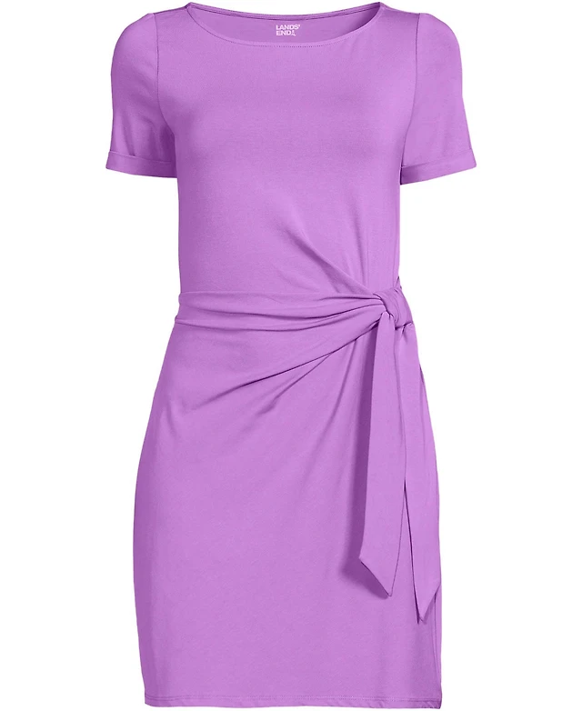 Lands' End Women's Short Sleeve Cotton Modal Wrap Above the Knee Dress