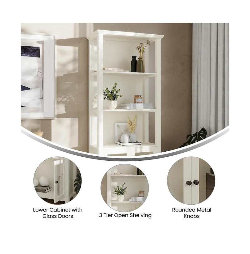 Omaha Modern Farmhouse Storage Cabinet Bookcase, Glass Doors And Open Shelves