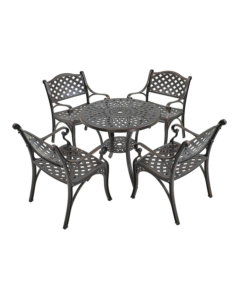 5-Piece Cast Aluminum Outdoor Furniture Patio Dining Set Table with Umbrella Hole Chairs