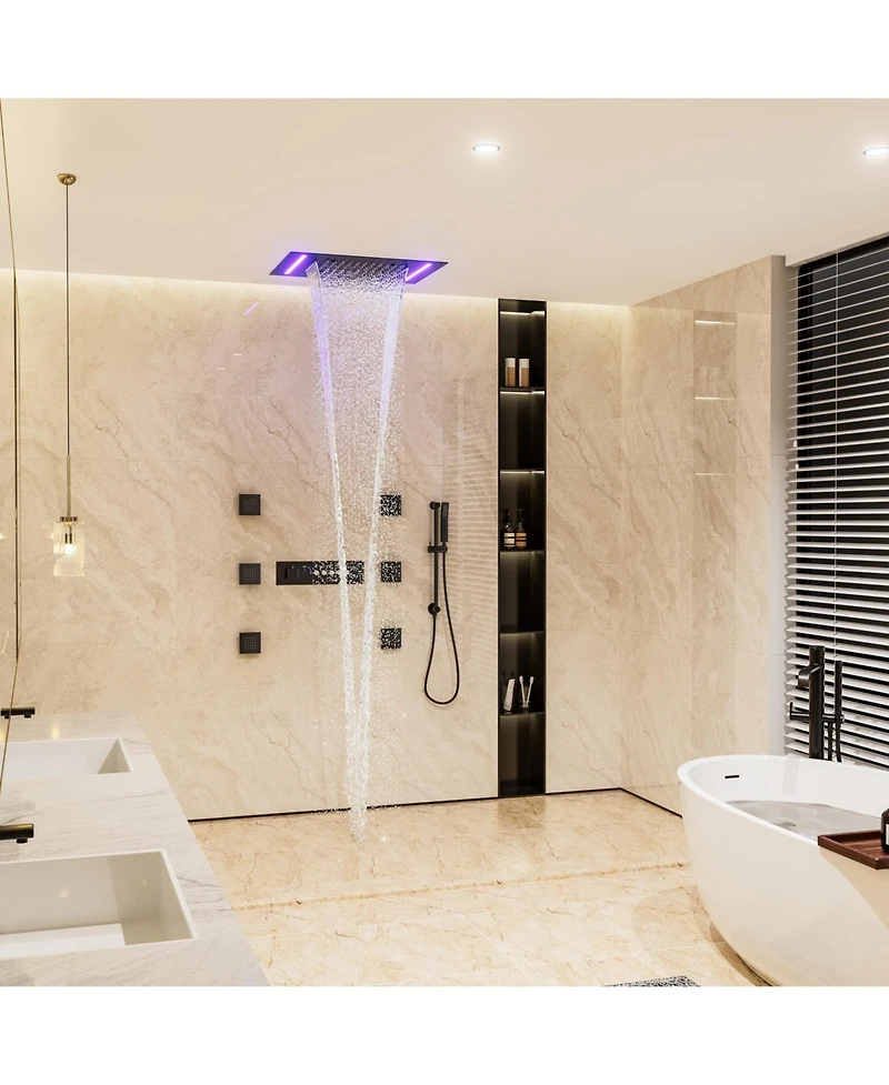 Mondawe Thermostatic Flush Ceiling Mounted Complete Shower System with Led Lights, Body Jets and Slide Bar