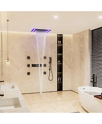 Mondawe Thermostatic Flush Ceiling Mounted Complete Shower System with Led Lights, Body Jets and Slide Bar