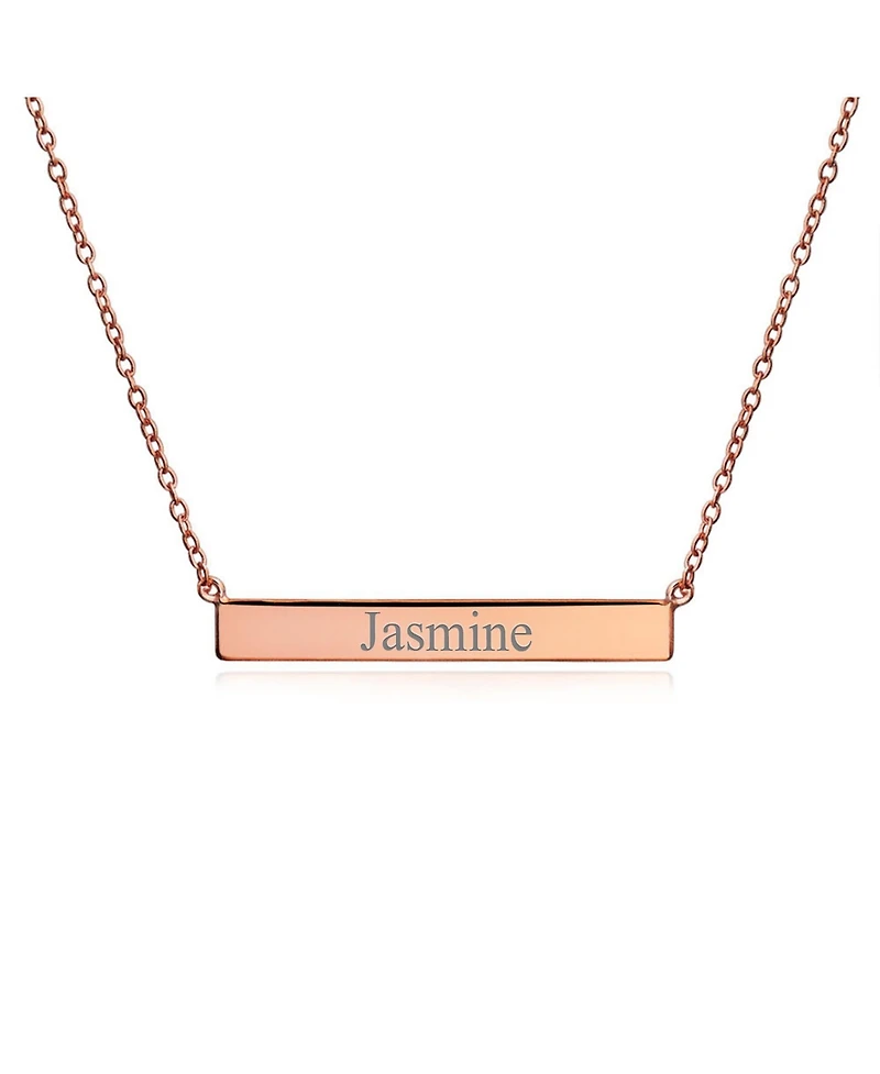 Bling Jewelry Thin Name Plated Sideways Horizontal Flat Bar Pendant Necklace Rose Gold Plated Sterling Silver