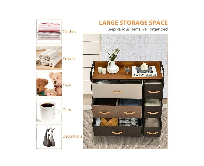 7 Drawer Tower Steel Frame and Wooden Top Dresser Storage Chest for Bedroom