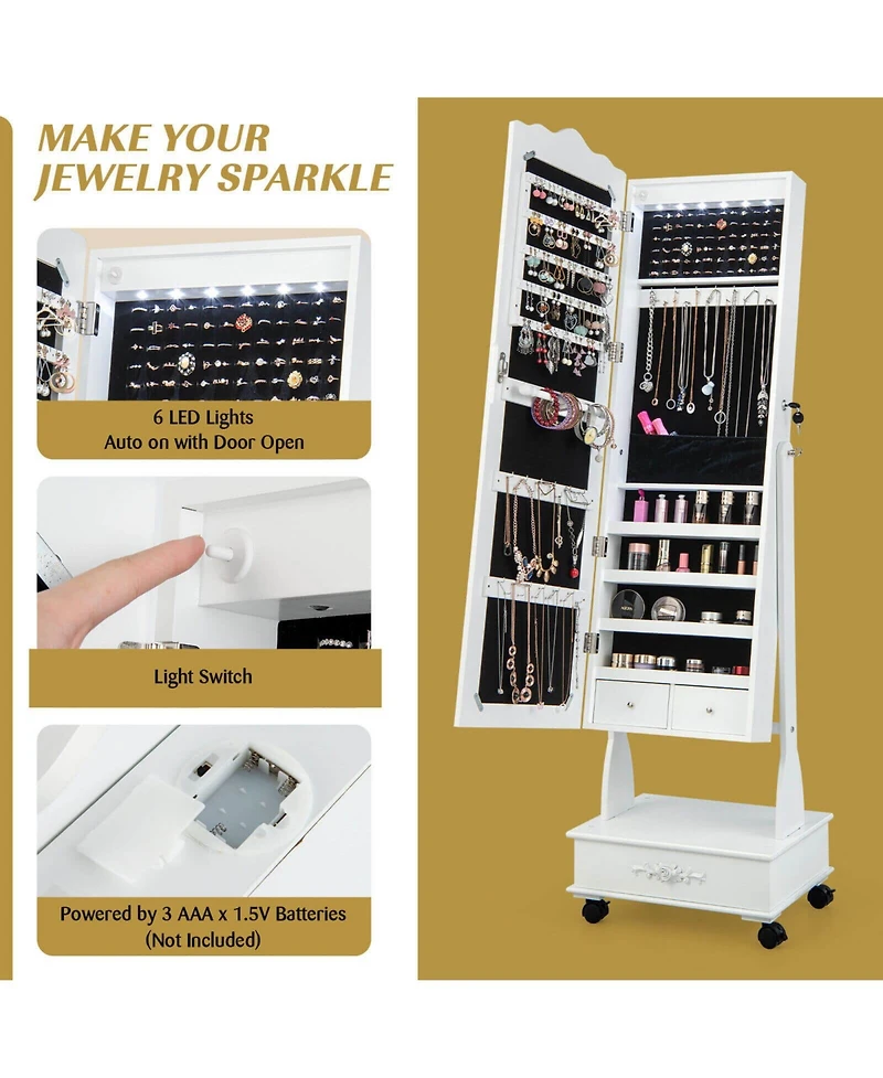 Rolling Floor Standing Mirrored Jewelry Armoire with Lock and Drawers