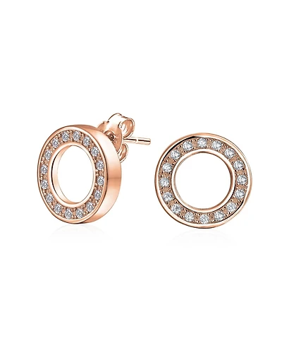 Bling Jewelry Geometric Pave Cubic Zirconia Open Circle Round Disc O Cz Stud Earrings Rose Gold Plated .925 Sterling Silver