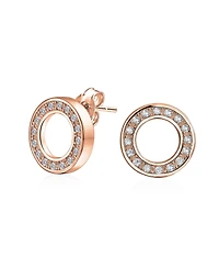Bling Jewelry Geometric Pave Cubic Zirconia Open Circle Round Disc O Cz Stud Earrings Rose Gold Plated .925 Sterling Silver