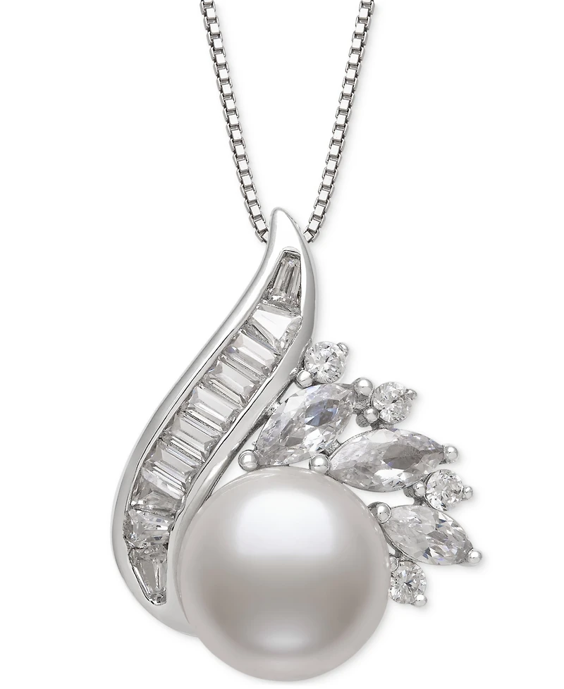 Belle de Mer Cultured Freshwater Pearl (9mm) & Lab-Created White Sapphire (1-1/2 ct. t.w.) Swirl 18" Pendant Necklace in Sterling Silver