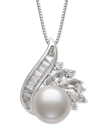 Belle de Mer Cultured Freshwater Pearl (9mm) & Lab-Created White Sapphire (1-1/2 ct. t.w.) Swirl 18" Pendant Necklace in Sterling Silver