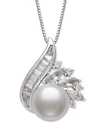 Belle de Mer Cultured Freshwater Pearl (9mm) & Lab-Created White Sapphire (1-1/2 ct. t.w.) Swirl 18" Pendant Necklace in Sterling Silver