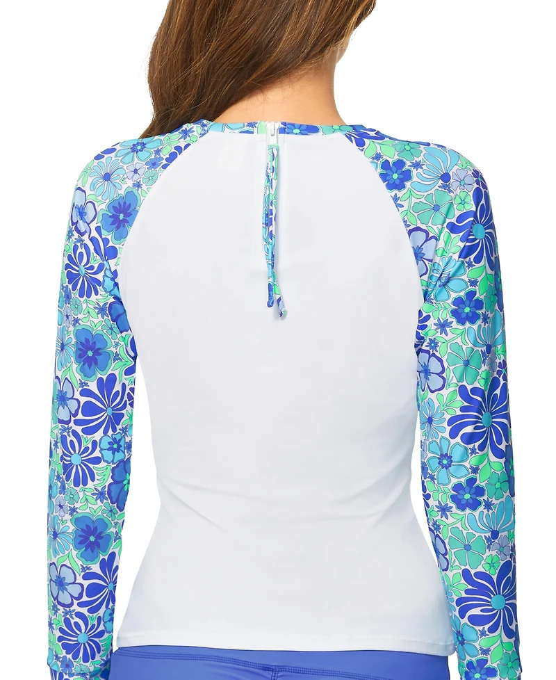 Raisins Juniors' Floral-Print Back-Zip Rash Guard