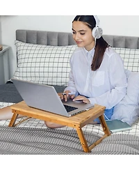Bamboo Laptop Lap Tray with Adjustable Legs and Tilting Heat-dissipation Top