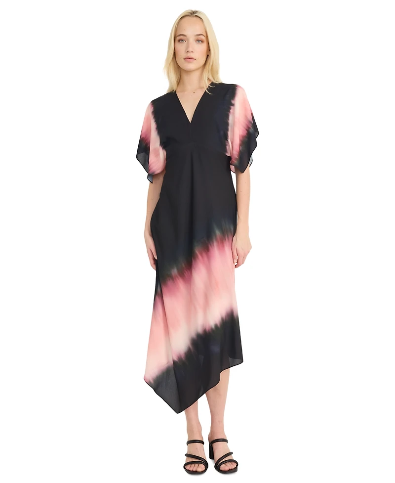 Luxely Women's Ombre Handkerchief-Hem Flutter-Sleeve Chiffon Midi Dress