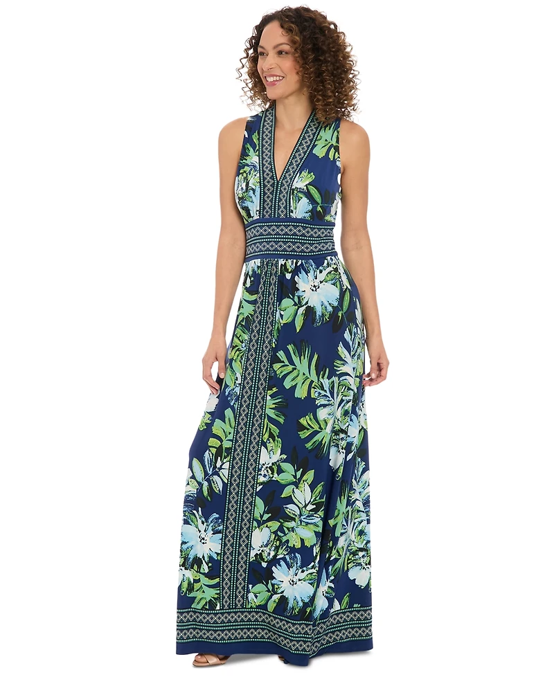 London Times Petite Floral Border-Trim Maxi Dress