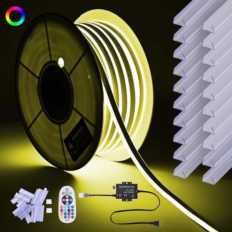 DELight 100FT Rgb Neon Rope Lights with 2" Plastic U Channel System 10PCS,App & Remote Control Ac 110V Waterproof Cuttable Del-D1M100R