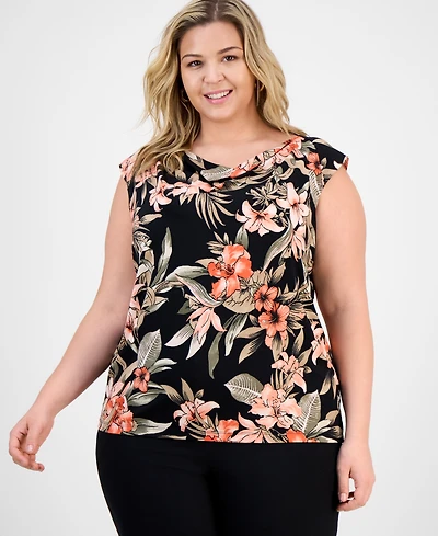 Kasper Plus Size Printed Cowlneck Cap-Sleeve Knit Top