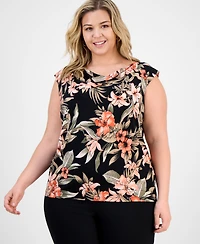 Kasper Plus Size Printed Cowlneck Cap-Sleeve Knit Top