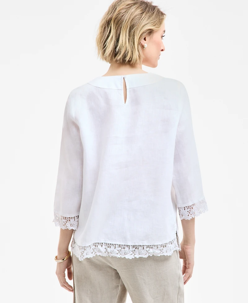 Charter Club Women's 100% Linen Lace-Edge 3/4-Sleeve Top, Exclusively at Macy's