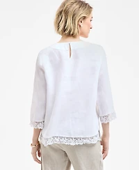 Charter Club Women's 100% Linen Lace-Edge 3/4-Sleeve Top, Exclusively at Macy's