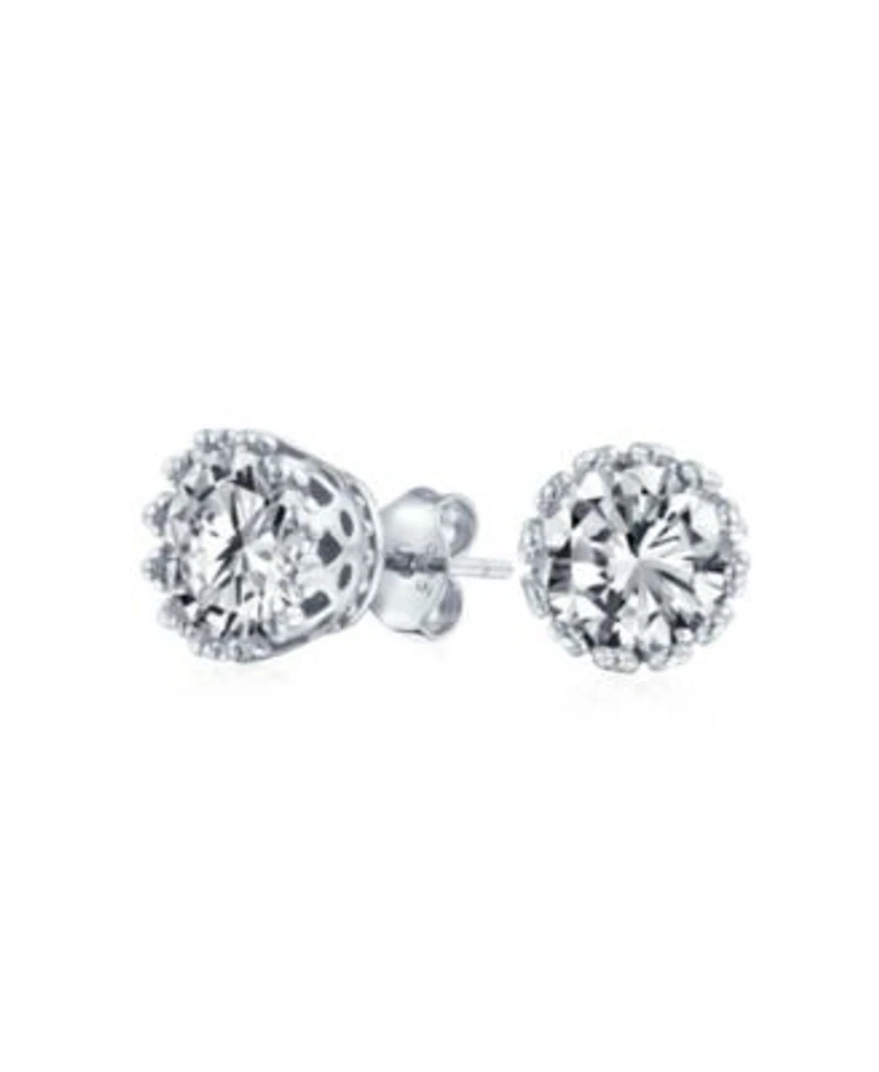 Bling Jewelry Solitaire Round Cubic Zirconia Crown Basket Set Cz Stud Earrings Gold Plated Sterling Silver
