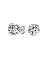 Bling Jewelry Solitaire Round Cubic Zirconia Crown Basket Set Cz Stud Earrings Gold Plated Sterling Silver