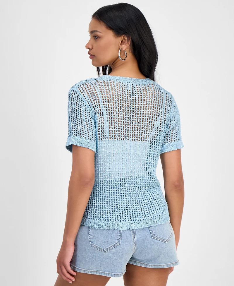 Bar Iii Women's Short-Sleeve Metallic Crochet Sweater, Exclusively at Macy's
