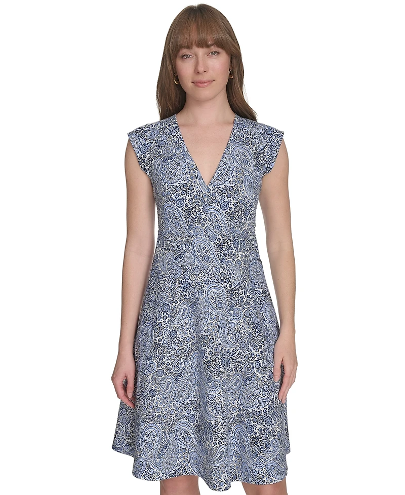 Tommy Hilfiger Women's Paisley-Print Cap-Sleeve V-Neck Hopsack Dress