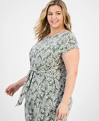 Kasper Plus Printed Tie-Waist Cap-Sleeve Top