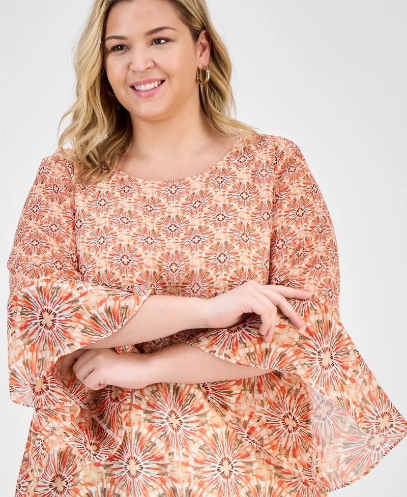 Kasper Plus Printed Flared-Sleeve Blouse