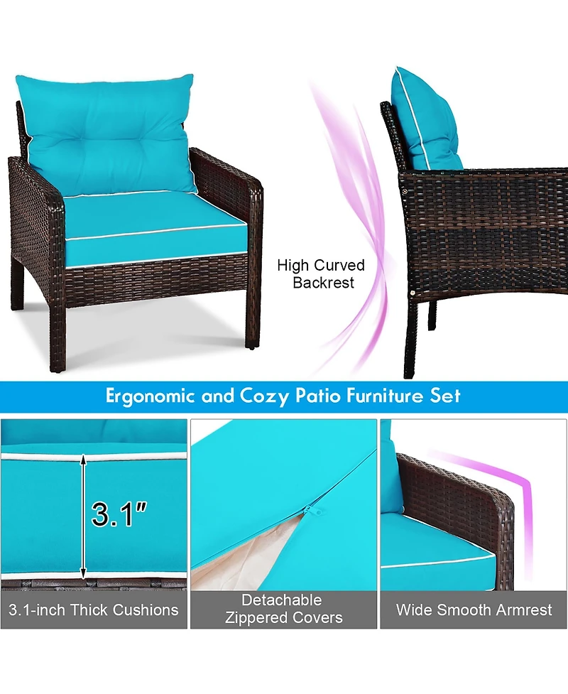 Gymax 5PCS Patio Set Sectional Rattan Wicker Furniture Set w/ Turquoise Cushion
