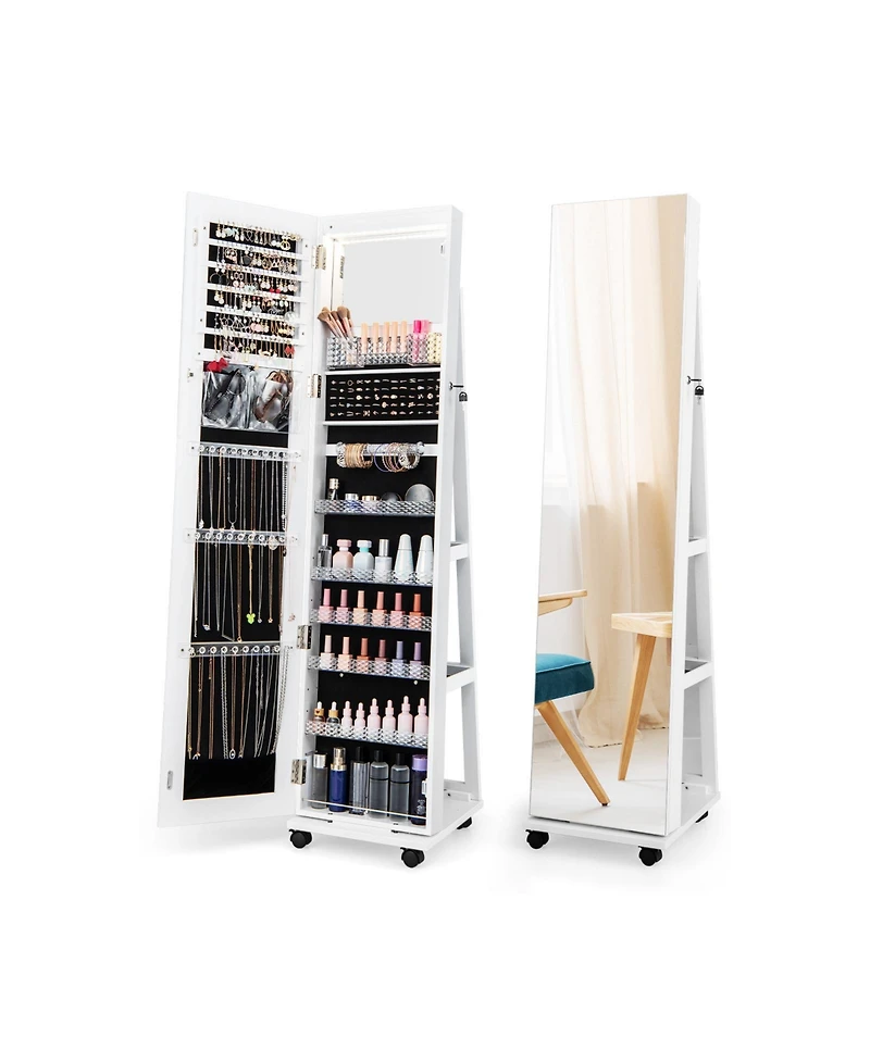 64 Inches Lockable Jewelry Cabinet Armoire with Built-in Makeup Mirror