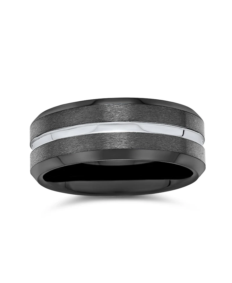 Bling Jewelry Simple Black Silver Two Tone Center Couples Titanium Band Ring Comfort Fit