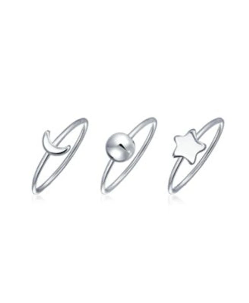 Bling Jewelry Minimalist Delicate Sun Moon Star Knuckle Thin 1mm Band Stackable Celestial Midi Three Ring Set .925 Sterling Silver