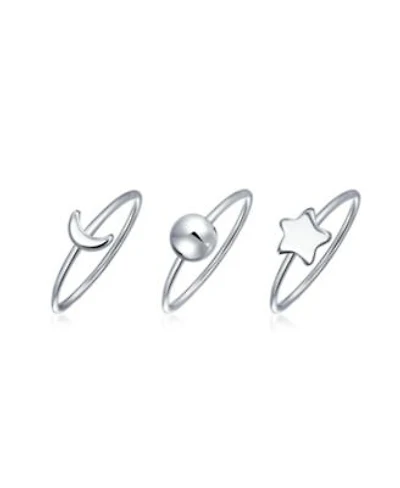 Bling Jewelry Minimalist Delicate Sun Moon Star Knuckle Thin 1mm Band Stackable Celestial Midi Three Ring Set .925 Sterling Silver