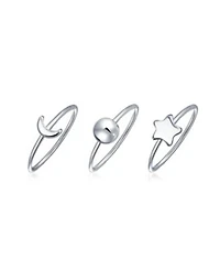 Bling Jewelry Minimalist Delicate Sun Moon Star Knuckle Thin 1mm Band Stackable Celestial Midi Three Ring Set .925 Sterling Silver
